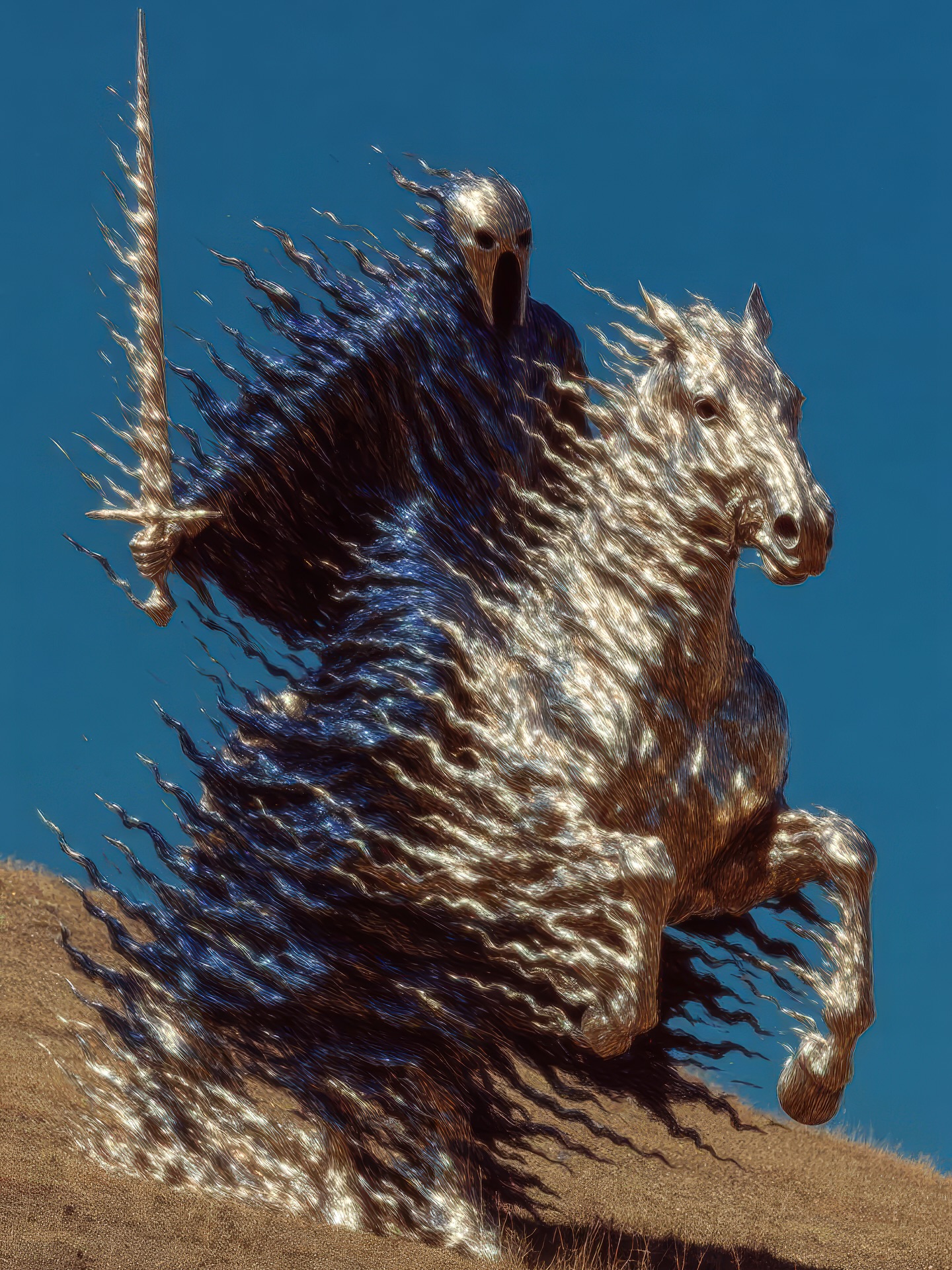 Illustration of a knight in a helmet riding a rearing horse and wielding a sword against a blue sky, evoking a mythical scene.